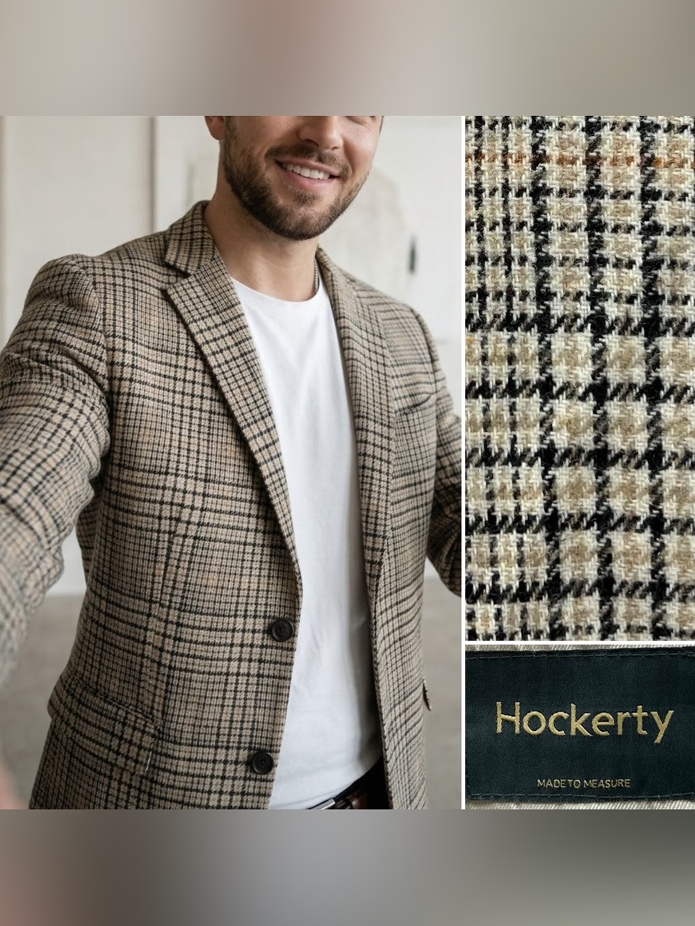Hockerty Men's 38S Slim Fit Beige Plaid Tweed Wool Bespoke Blazer Jacket